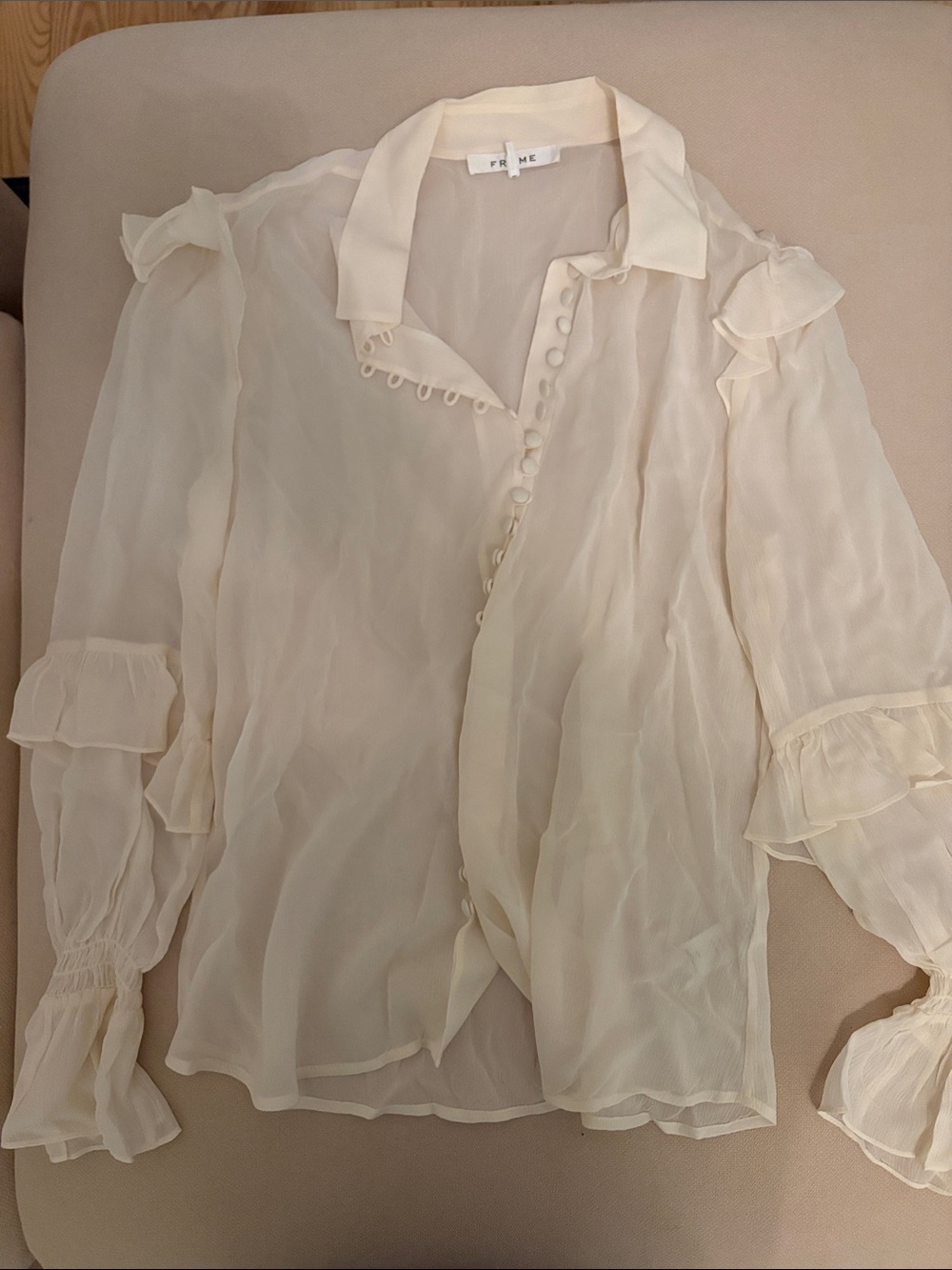 Frame Denim Sheer Cream Ruffle Sleeve Button-Front Blouse
